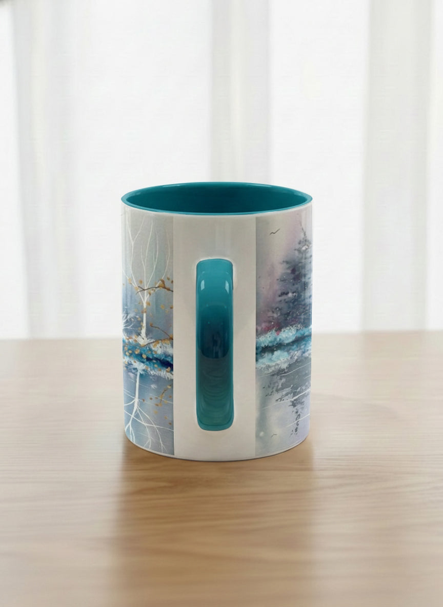 Classic Mug | Winter Reflections on a Frosted Slope side view mug showing a serene landscape with trees, water, and a moon design by Renee Pupetz - Gallery By Inhesion