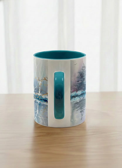 Classic Mug | Winter Reflections on a Frosted Slope side view mug showing a serene landscape with trees, water, and a moon design by Renee Pupetz - Gallery By Inhesion