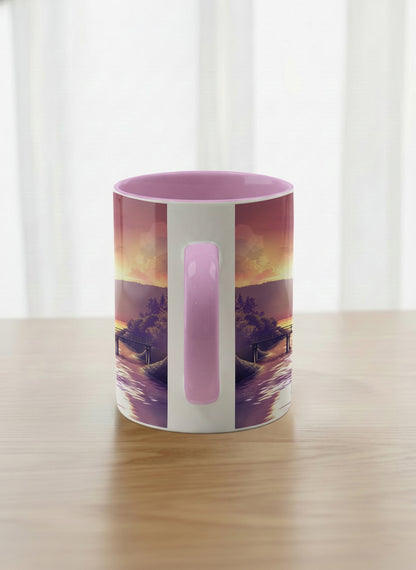 Classic Mug | Gaze into the Golden Hour side view mug glowing sunset over a lakeside pier in warm amber and violet, soft lilac interior, by Samuel Kwok Gallery By Inhesion