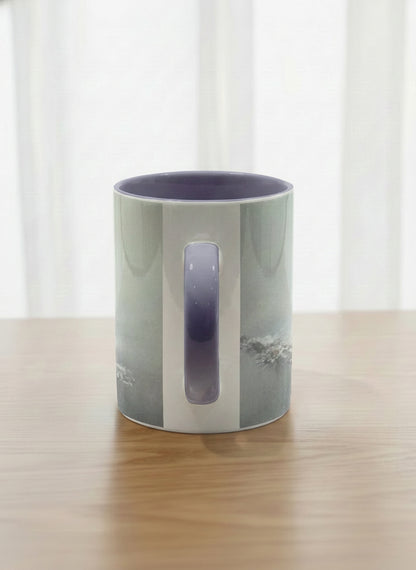 classic mug | Caught in Frost side view mug, wide-eyed squirrel emerging from a misty winter ground, slate blue interior and handle, by Karina Mosser - Gallery By Inhesion