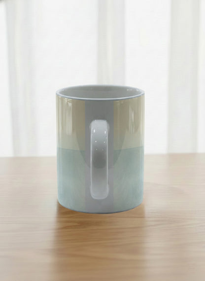 Classic mug | Memory on the Bridge side view mug a solitary figure gazing over a sunlit Venetian canal lined with terracotta buildings, soft powder blue interior and handle, by KikaG - Gallery By Inhesion