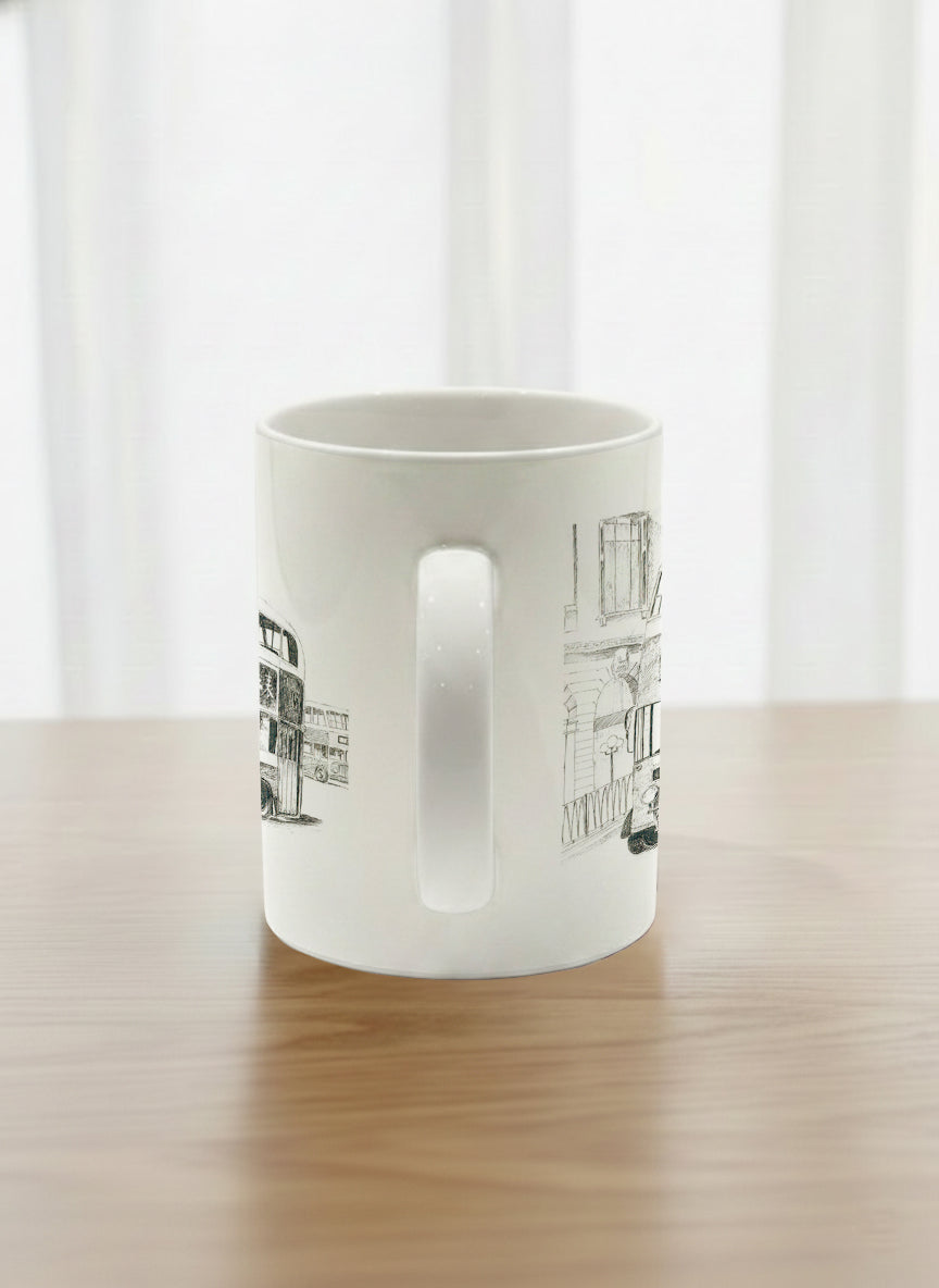 Classic Mug | Lines of the Past  side view mug showing a pen drawing bus in Hong Kong by Samuel Kwok - Gallery By Inhesion