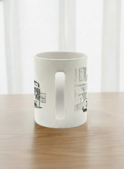 Classic Mug | Lines of the Past  side view mug showing a pen drawing bus in Hong Kong by Samuel Kwok - Gallery By Inhesion