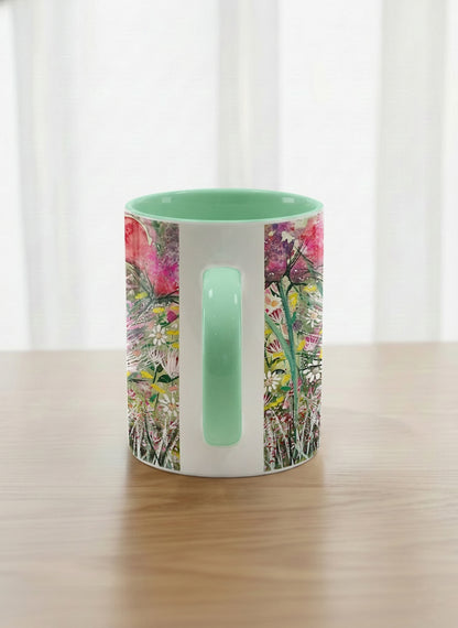 Classic Mug | Garden Mantra side view mug with a vibrant floral design and colorful abstract pattern by Renee Pupetz - Gallery By Inhesion