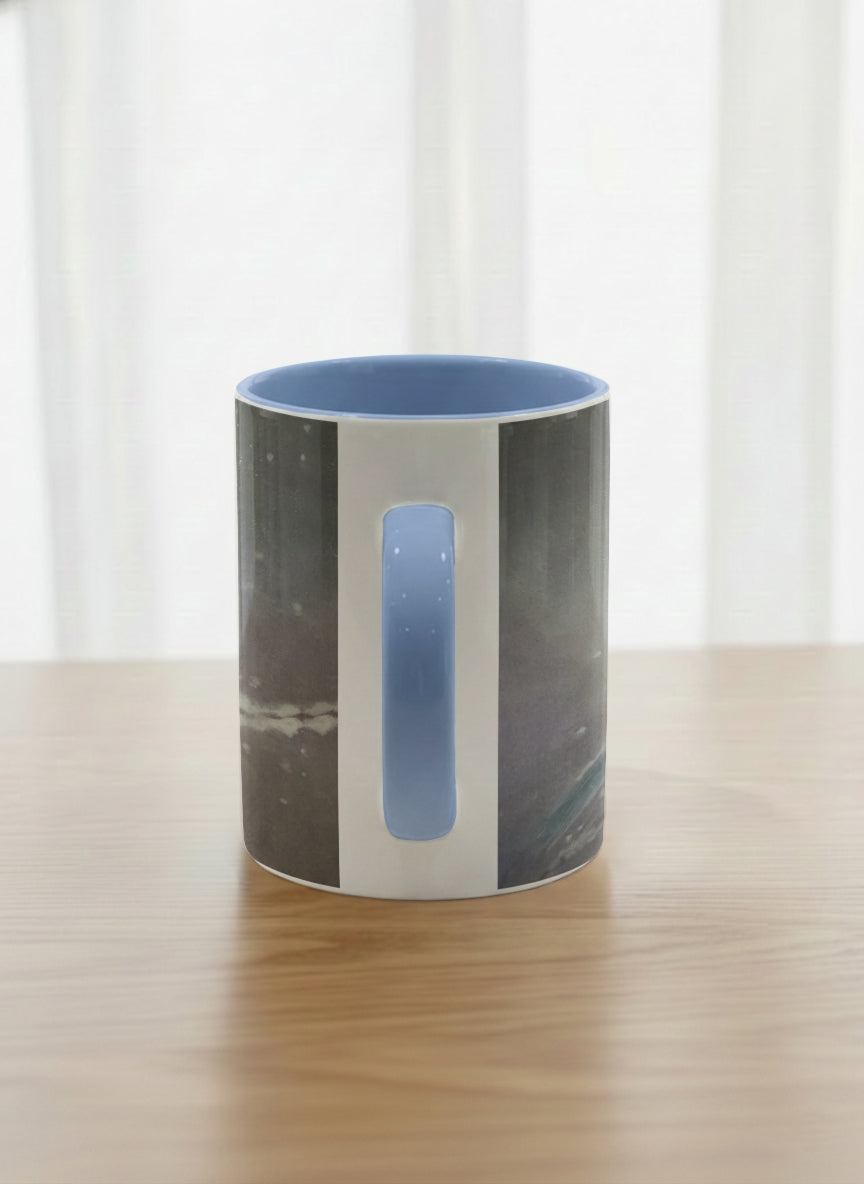 classic mug | A Moment in the Snow side view mug, a fluffy white bird perched quietly in a soft wintry haze, sky blue interior and handle, by Karina Mosser - Gallery By Inhesion