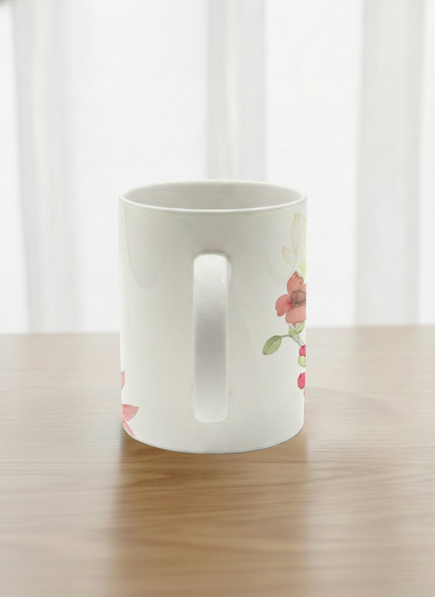Classic Mug | The Radiance of Red Kapok side view mug with watercolor illustration of a red bird and pink flowers artwork by Alice Wong - Gallery By Inhesion