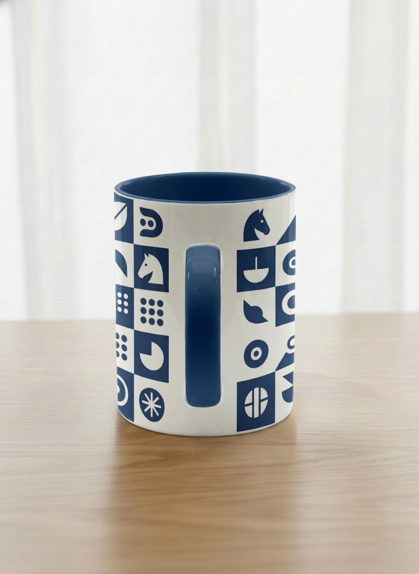 Classic Mug | Multiversal Sigils side view mug, navy and white checkerboard pattern with icons, blue interior and handle, by Alan CL Lee - Gallery By Inhesion