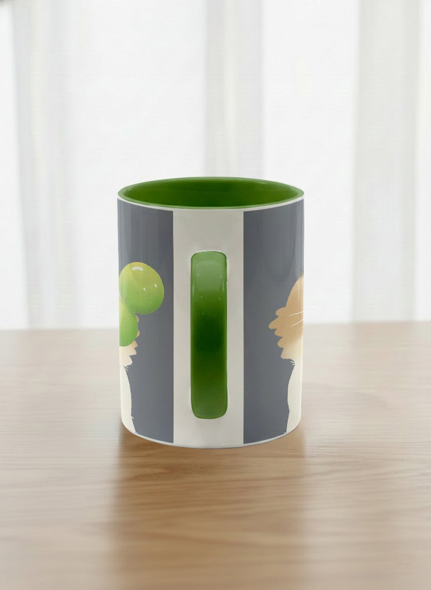 Classic Mug | My Shiny Treat side view mug grumpy fluffy cat clutching green grapes, tiny red mushroom hat, slate blue background, green interior, by Hyun Jung Cho