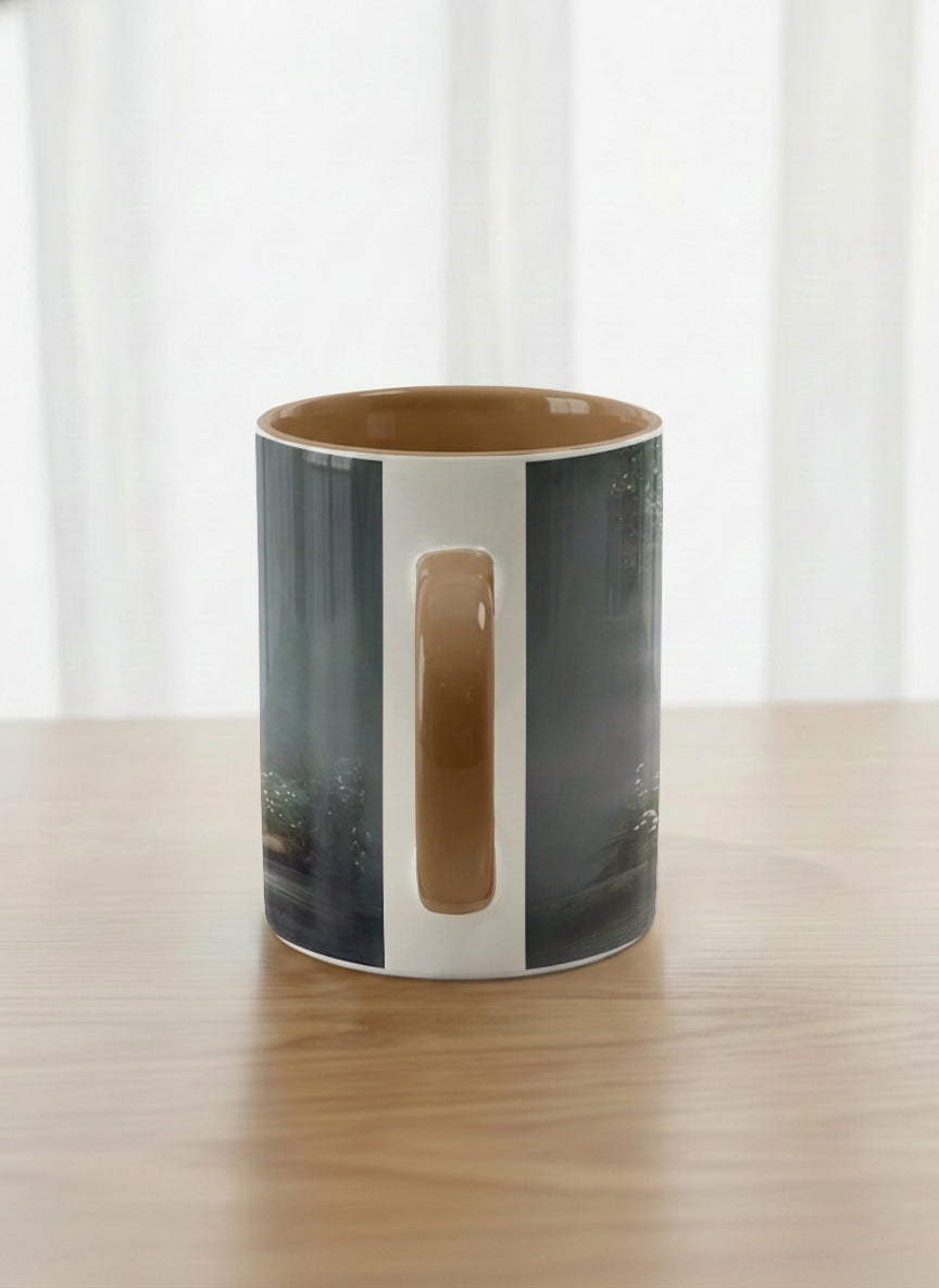 Classic mug | Serenity Stream side view mug, an enchanted forest with glowing light filtering through misty teal trees and wildflowers by a stream, warm olive interior and handle, by Karina Mosser - Gallery By Inhesion
