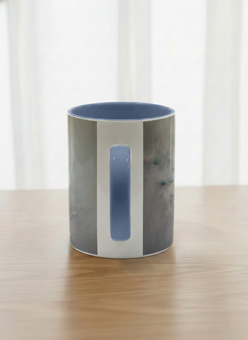 classic mug | A Quiet Moment side view mug, solitary bird perched in a soft misty landscape with delicate dot details, dusty blue interior and handle, by Karina Mosser - Gallery By Inhesion