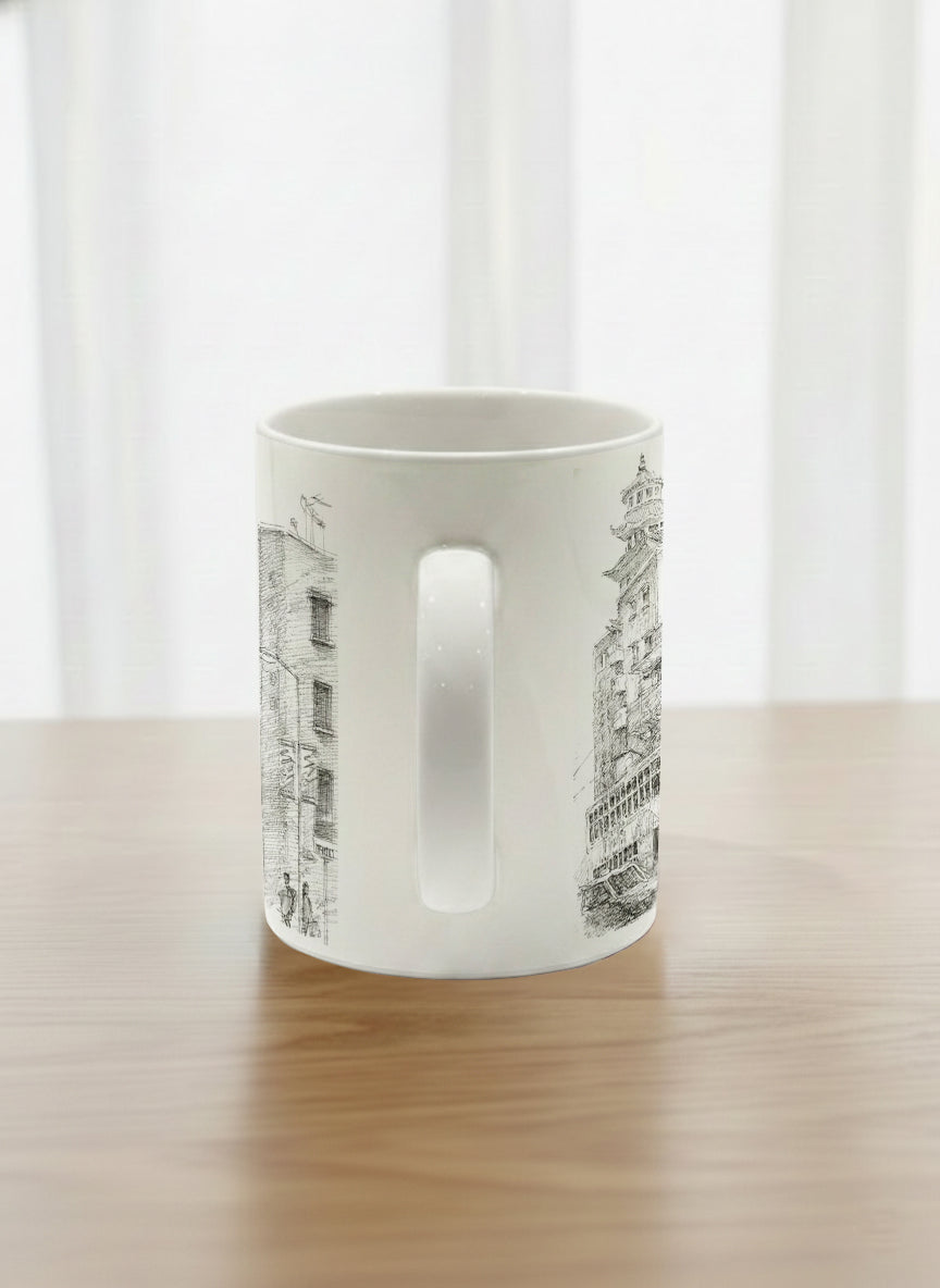 Classic Mug | Tramway Through Time side view mug showing a sketch of streets and tram in Hong Kong by Samuel Kwok - Gallery By Inhesion