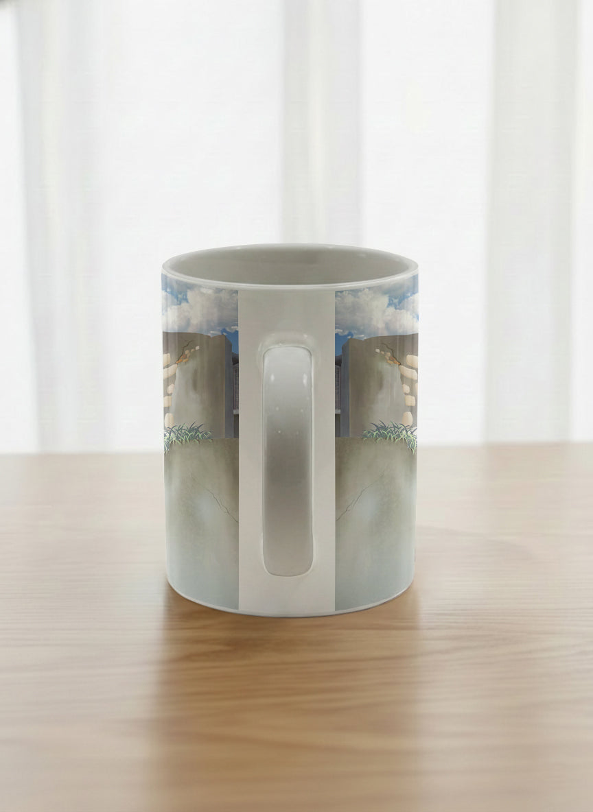Classic Mug | The Timeless Facade side view mug ancient stone walls rising under a bright blue sky with soft drifting clouds, clean pearl white interior and handle,  by Samuel Kwok Gallery By Inhesion