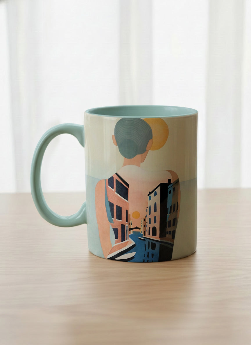 classic mug | Memory on the Bridge left view mug a solitary figure gazing over a sunlit Venetian canal lined with terracotta buildings, soft powder blue interior and handle, by KikaG - Gallery By Inhesion