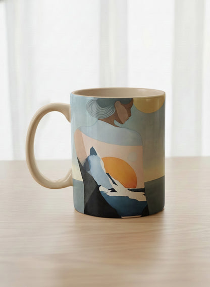 classic mug | A Mountain to Climb left view mug woman gazing over jagged peaks and a golden sun on teal horizon, butter yellow interior, by KikaG - Gallery By Inhesion