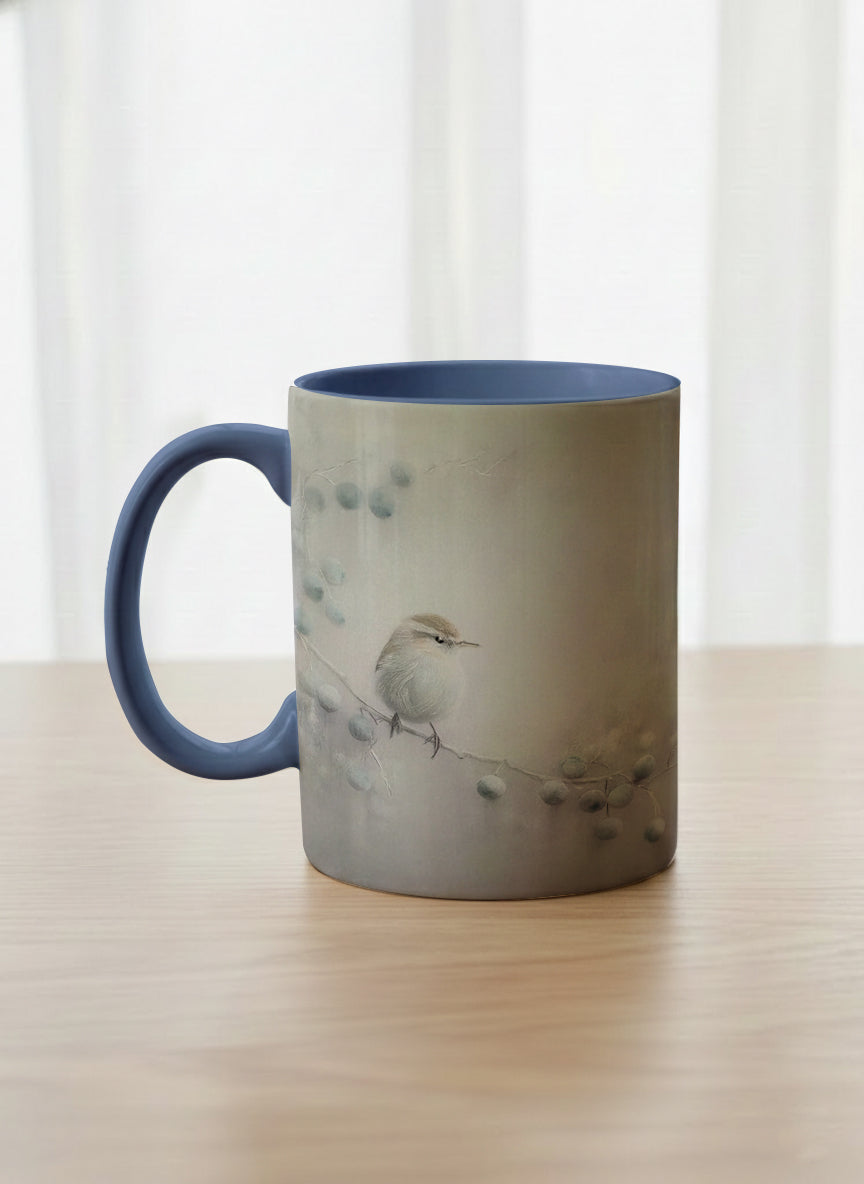 classic mug | A Quiet Moment left view mug,solitary bird perched in a soft misty landscape with delicate dot details, dusty blue interior and handle, by Karina Mosser - Gallery By Inhesion