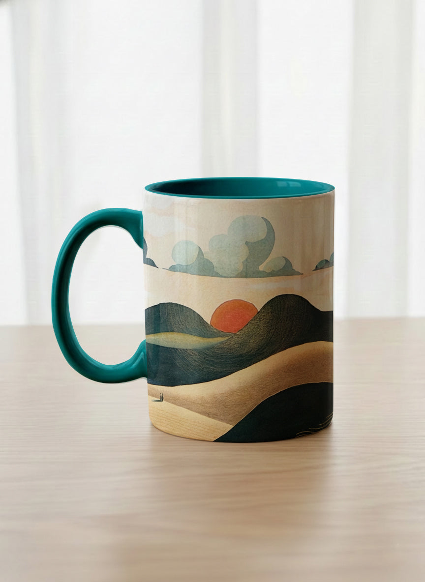 classic mug | Share a Sunset left view  mug a lone figure walking through rolling sand dunes beneath a glowing orange sun and layered teal clouds, deep teal interior and handle, by KikaG - Gallery By Inhesion
