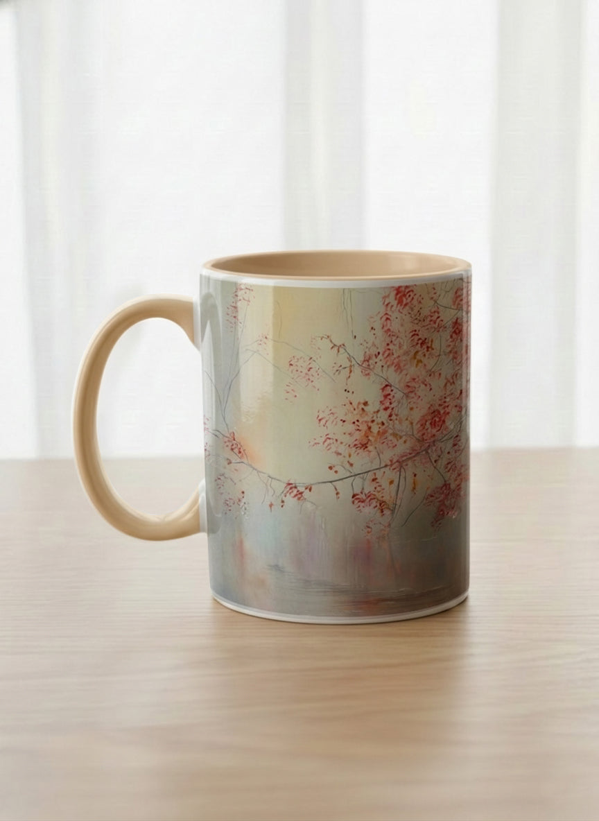 classic mug | Quiet Waters left view mug, delicate red blossoms and fine branches drifting across a soft celadon mist, warm cream interior and handle, by Karina Mosser - Gallery By Inhesion
