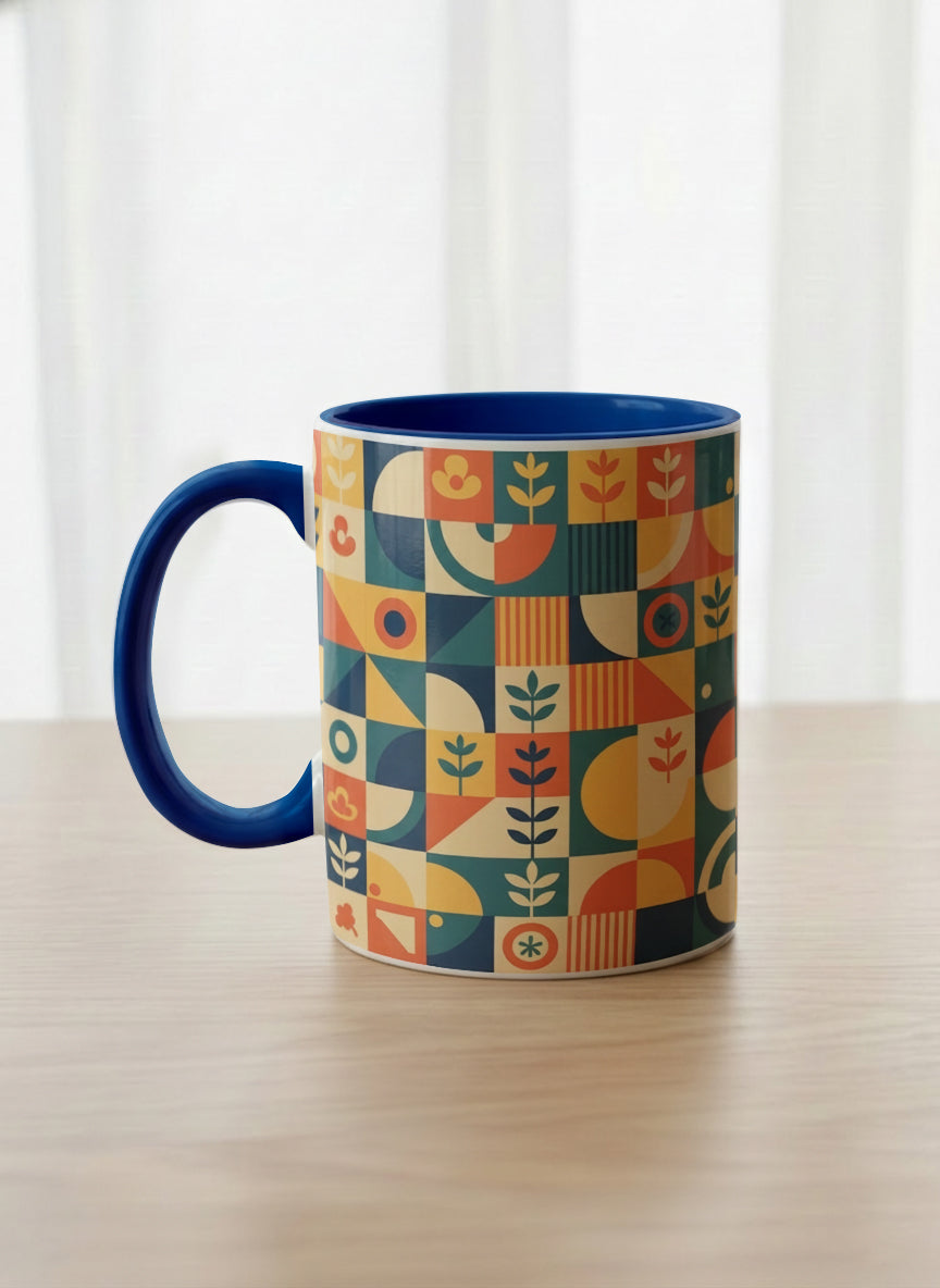 Classic Mug | Bloom Across Realities left view mug, bold geometric pattern, blue interior and handle, concrete surface  by Alan CL Lee - Gallery By Inhesion