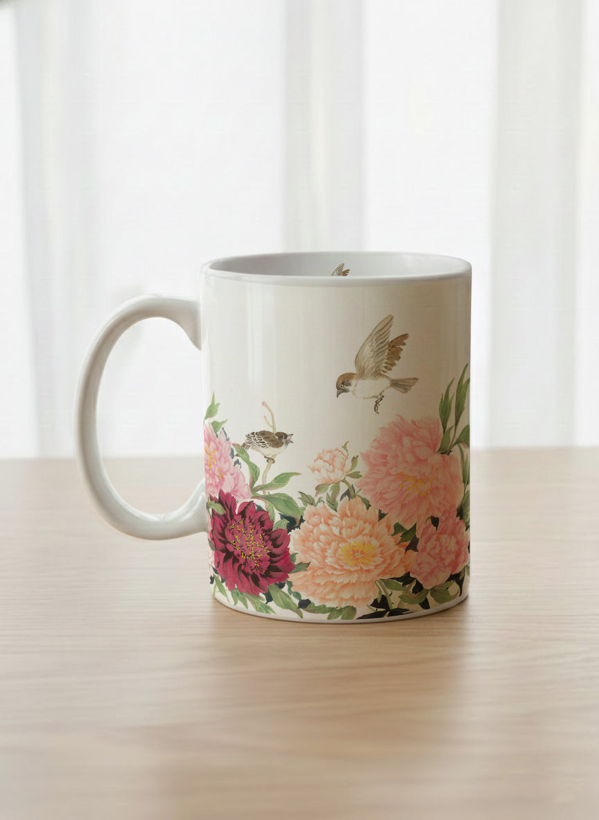 Classic Mug | A Tapestry of Flowers left view mug with watercolor bird flying amid pink/red flowers by Alice Wong - Gallery By Inhesion