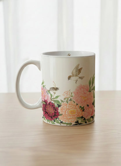 Classic Mug | A Tapestry of Flowers left view mug with watercolor bird flying amid pink/red flowers by Alice Wong - Gallery By Inhesion