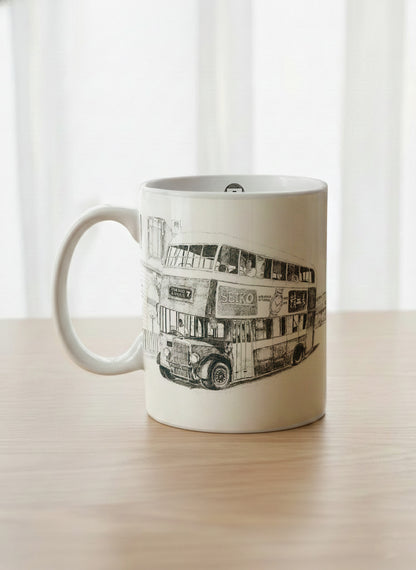 Classic Mug | Lines of the Past  left view mug showing a pen drawing bus in Hong Kong by Samuel Kwok - Gallery By Inhesion