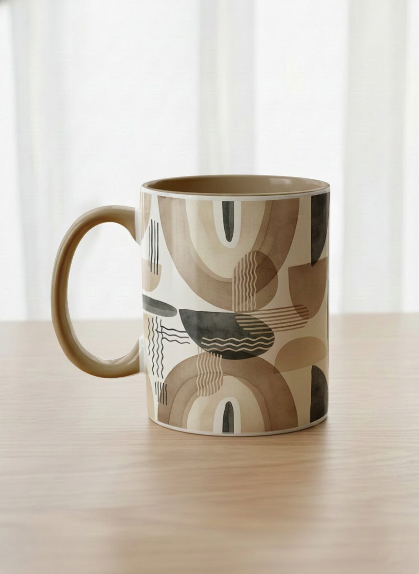 Classic Mug | Organic Shades left view mug, earthy beige and charcoal abstract shapes, cream interior, olive handle, by Alan CL Lee - Gallery By Inhesion