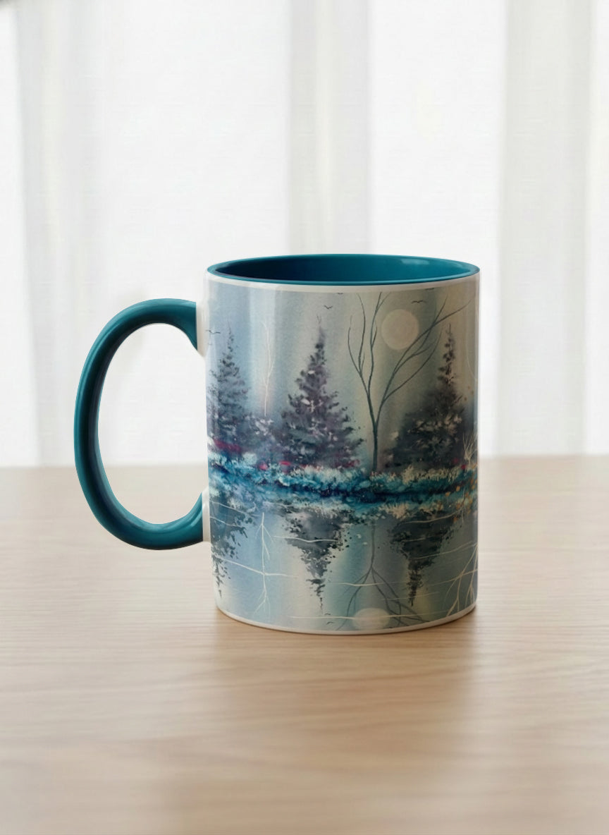 Classic Mug | Winter Reflections on a Frosted Slope left view mug showing a serene landscape with trees, water, and a moon design by Renee Pupetz - Gallery By Inhesion