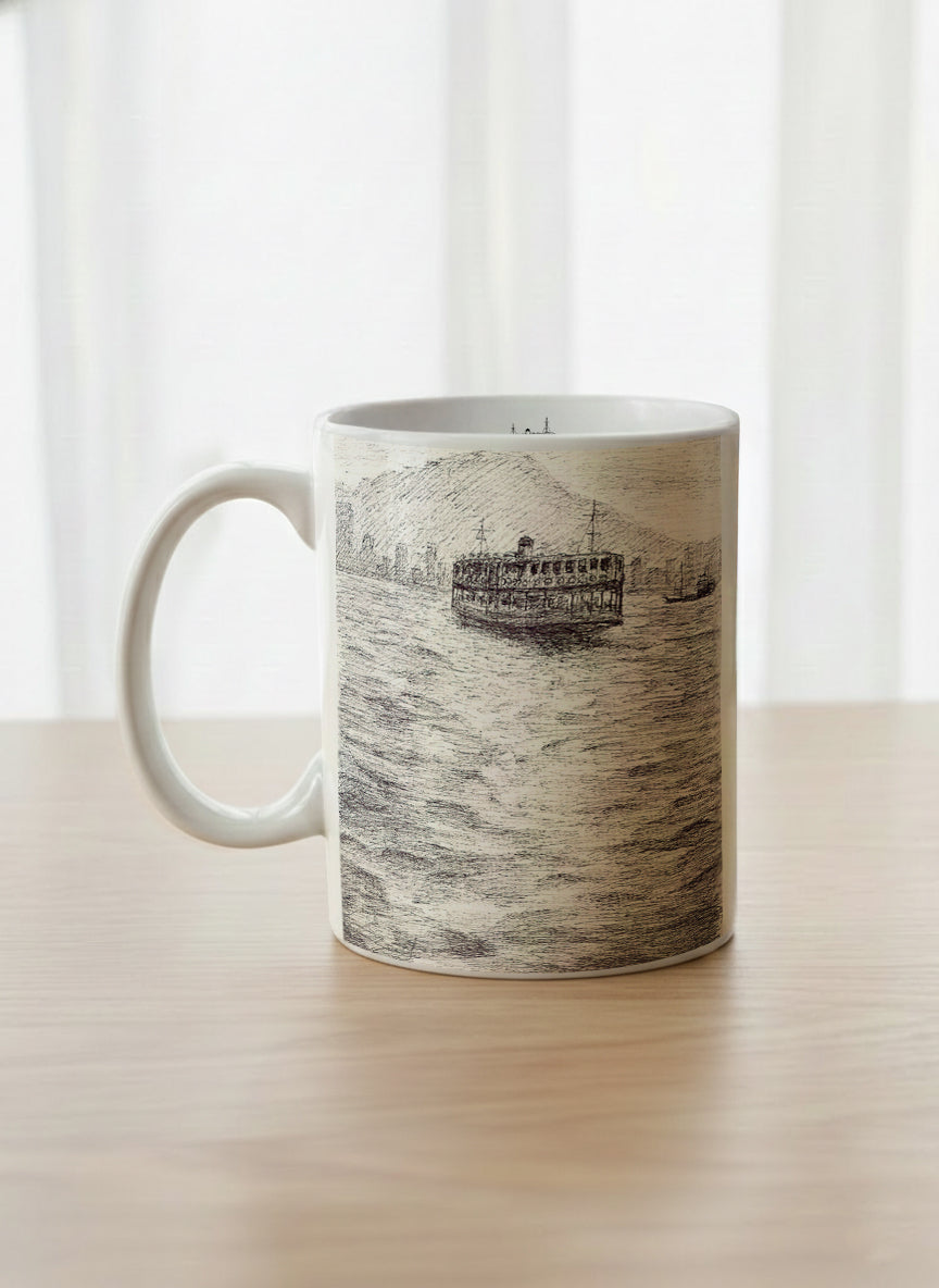 Classic Mug | Shimmering Passage left view mug showing a pen drawing Star Ferry in Hong Kong by Samuel Kwok - Gallery By Inhesion