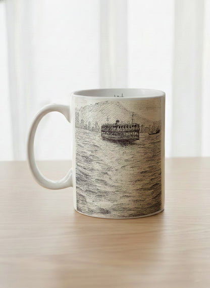 Classic Mug | Shimmering Passage left view mug showing a pen drawing Star Ferry in Hong Kong by Samuel Kwok - Gallery By Inhesion