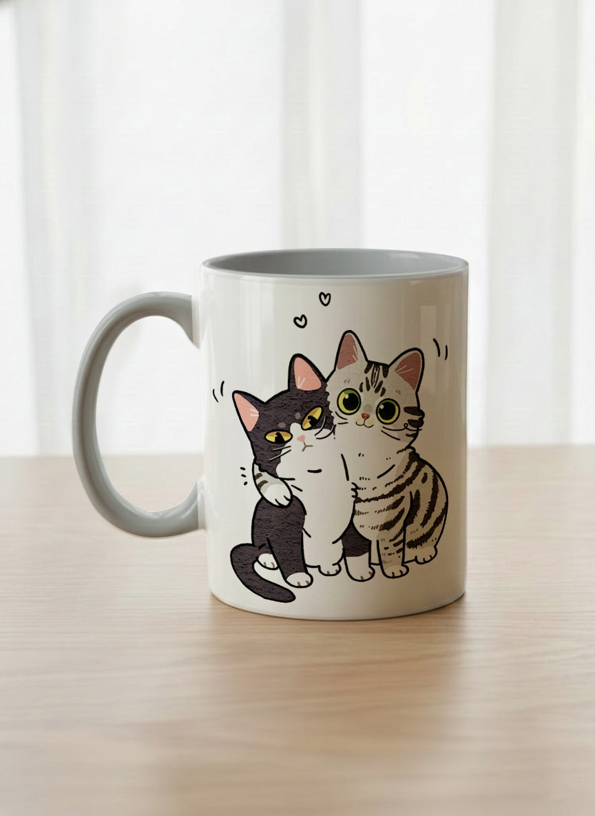 classic Mug | Best Buddies left view mug small tuxedo cat leaning into a chubby tabby with tiny floating hearts, sage interior, by Hyun Jung Cho