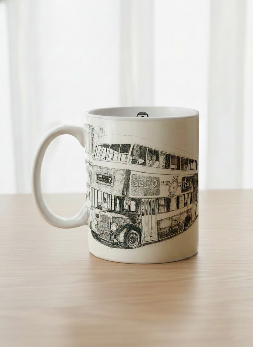 Classic Mug | Lines of the Past  left view mug showing a pen drawing bus in Hong Kong by Samuel Kwok - Gallery By Inhesion