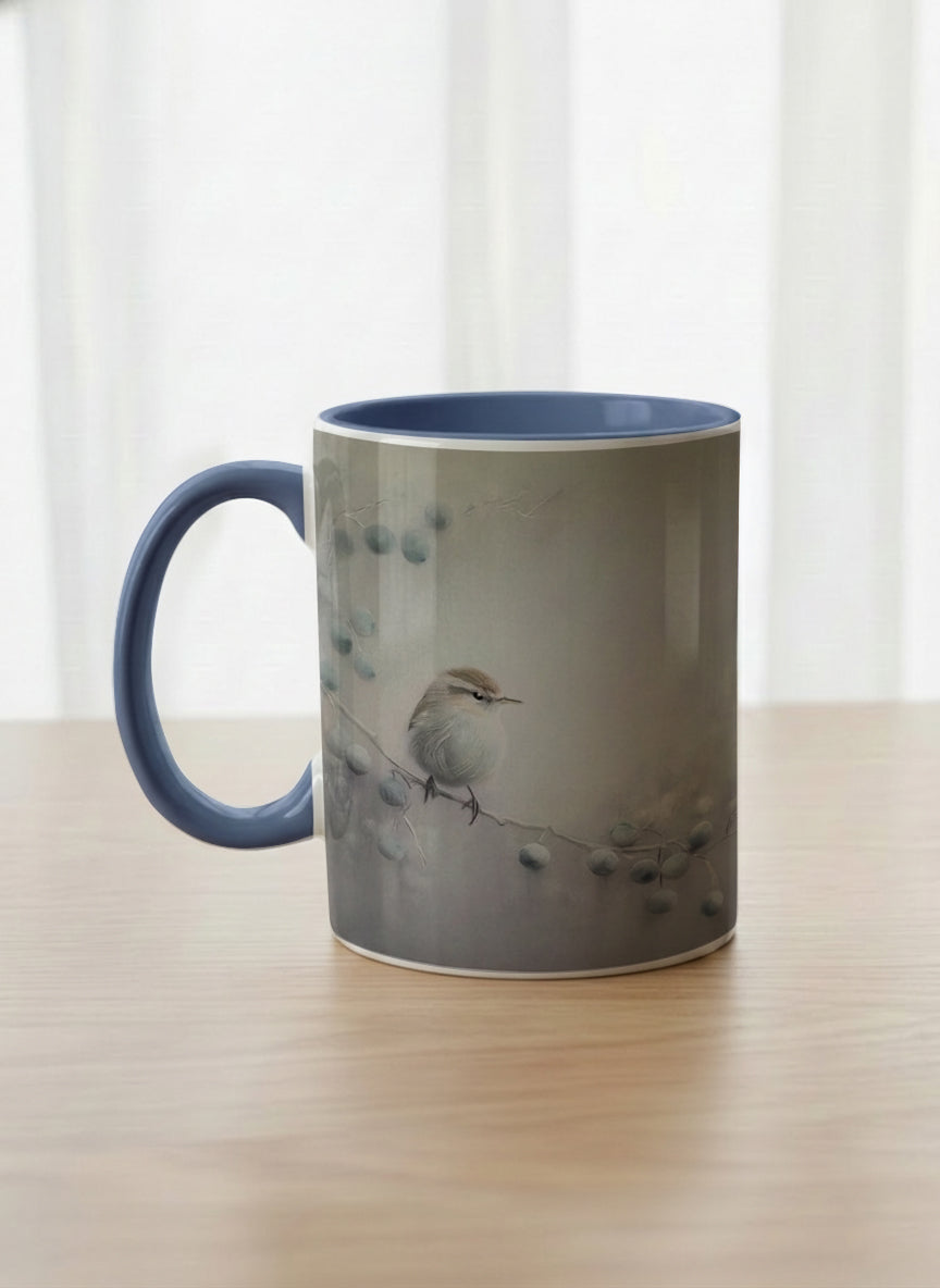 classic mug | A Quiet Moment left view mug, solitary bird perched in a soft misty landscape with delicate dot details, dusty blue interior and handle, by Karina Mosser - Gallery By Inhesion