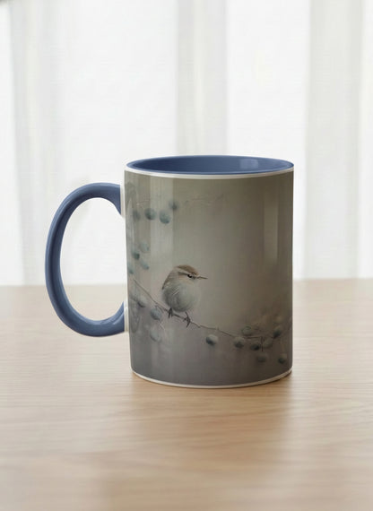 classic mug | A Quiet Moment left view mug, solitary bird perched in a soft misty landscape with delicate dot details, dusty blue interior and handle, by Karina Mosser - Gallery By Inhesion