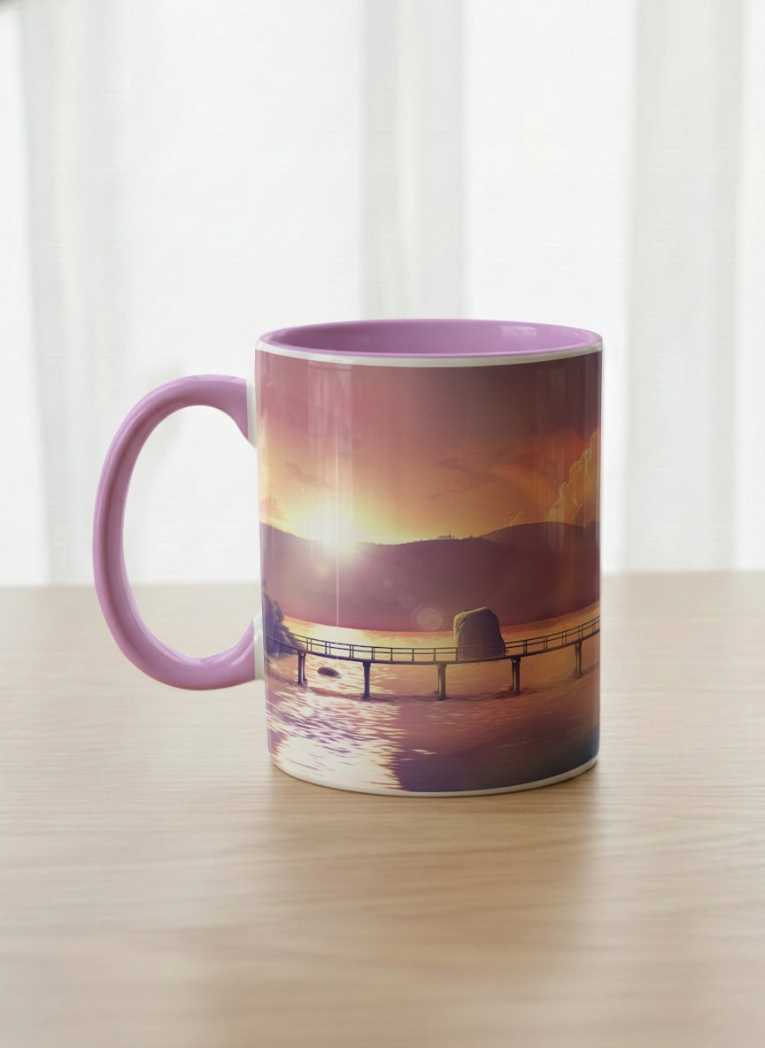 Classic Mug | Gaze into the Golden Hour left view mug glowing sunset over a lakeside pier in warm amber and violet, soft lilac interior, by Samuel Kwok Gallery By Inhesion