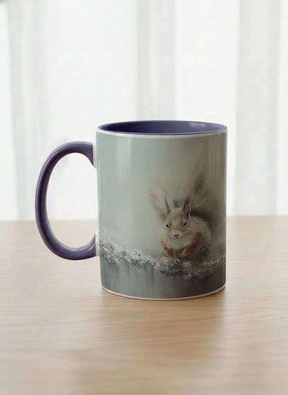 classic mug | Caught in Frost left view mug, wide-eyed squirrel emerging from a misty winter ground, slate blue interior and handle, by Karina Mosser - Gallery By Inhesion