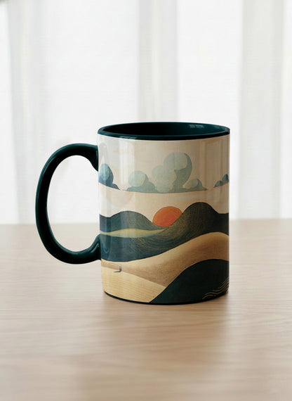 Classic mug | Share a Sunset left view mug a lone figure walking through rolling sand dunes beneath a glowing orange sun and layered teal clouds, deep teal interior and handle, by KikaG - Gallery By Inhesion