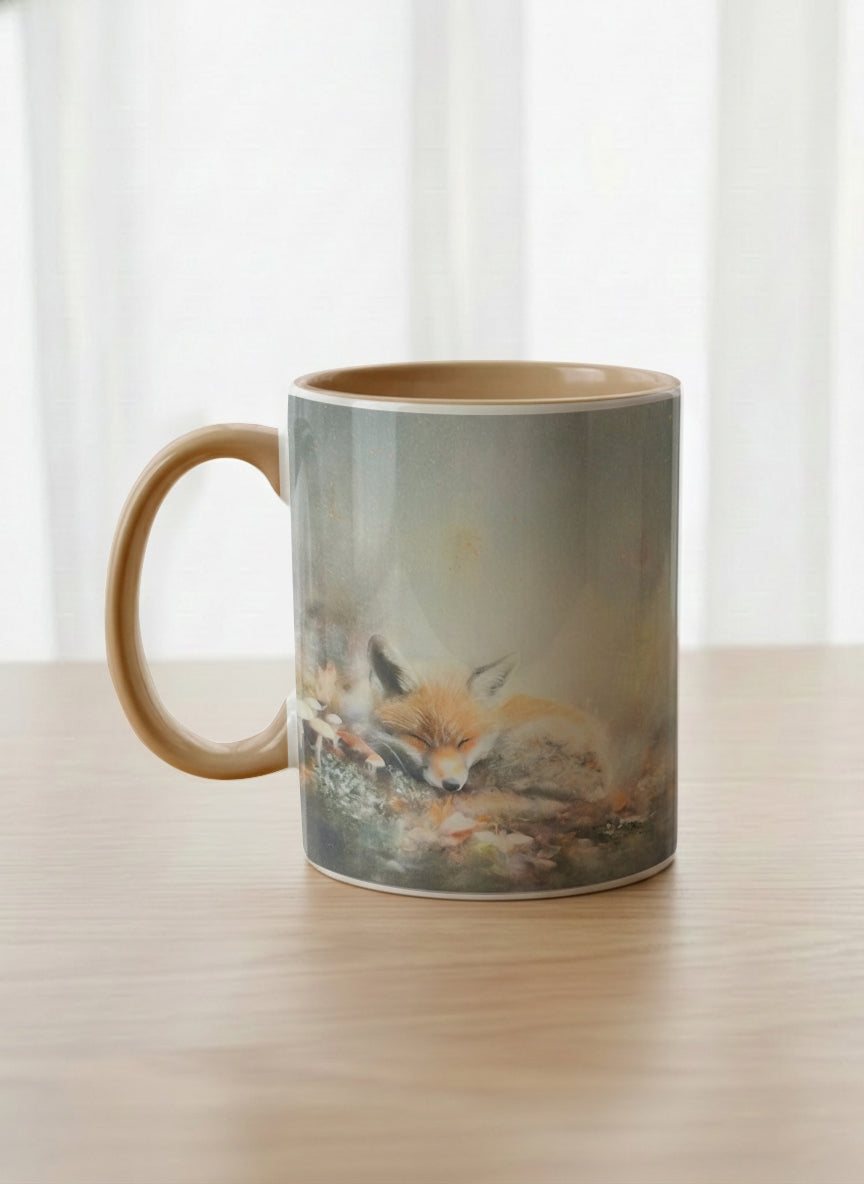 Classic mug | Lullaby left view mug, sleeping fox curled in a soft misty meadow, warm terracotta interior and handle, by Karina Mosser - Gallery By Inhesion
