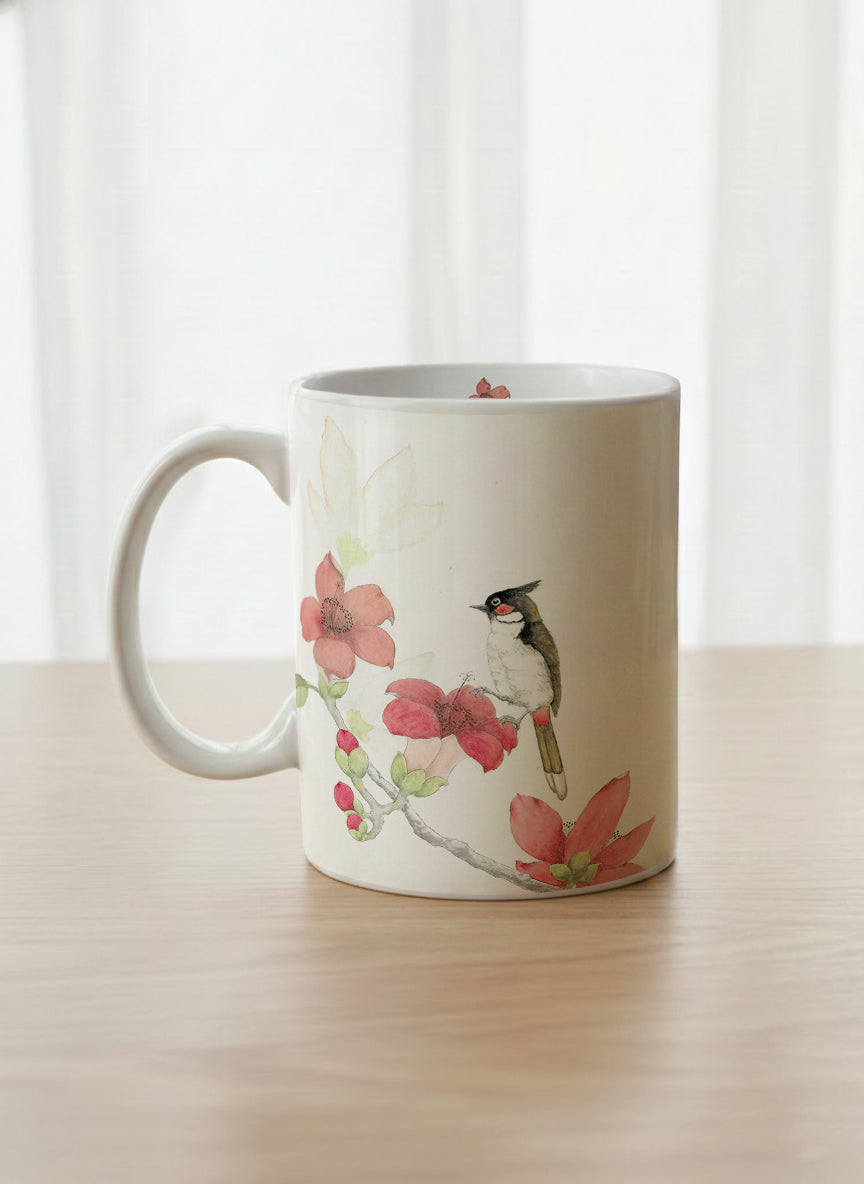 Classic Mug | The Radiance of Red Kapok left view mug with watercolor illustration of a red bird and pink flowers artwork by Alice Wong - Gallery By Inhesion