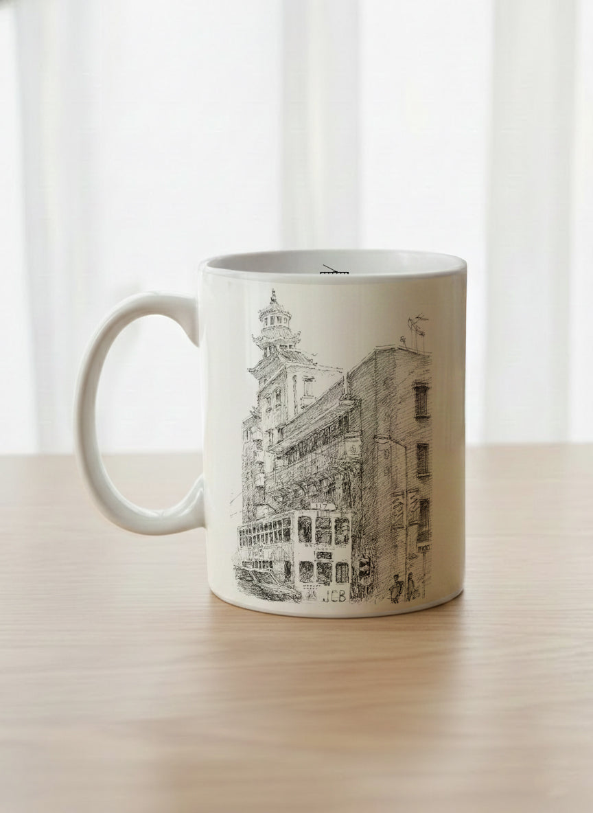 Classic Mug | Tramway Through Time left view mug showing a sketch of streets and tram in Hong Kong by Samuel Kwok - Gallery By Inhesion