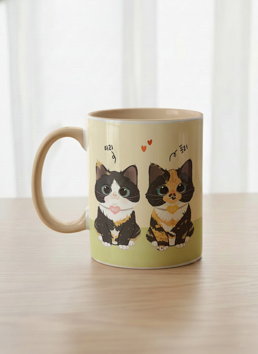 Classic mug | Our Precious Pair left view mug, two adorable tuxedo cats side by side with Korean name tags and tiny red hearts, soft cream interior and handle, by Hyun Jung Cho - Gallery By Inhesion