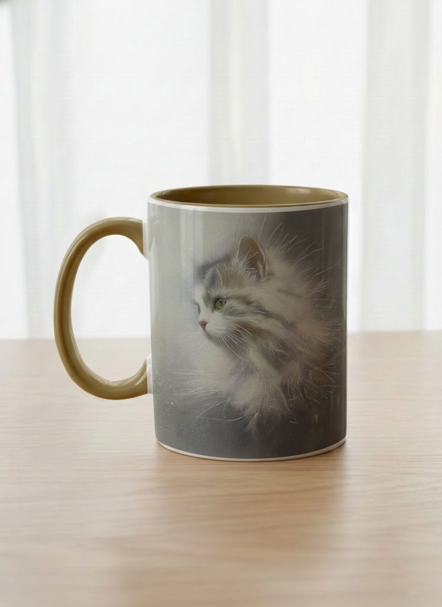 classic Mug | Wild and Free left view mug, photorealistic cat portrait emerging from a soft smoky mist, warm beige interior and handle, by Karina Mosser - Gallery By Inhesion