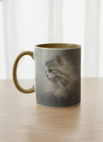 classic Mug | Wild and Free left view mug, photorealistic cat portrait emerging from a soft smoky mist, warm beige interior and handle, by Karina Mosser - Gallery By Inhesion