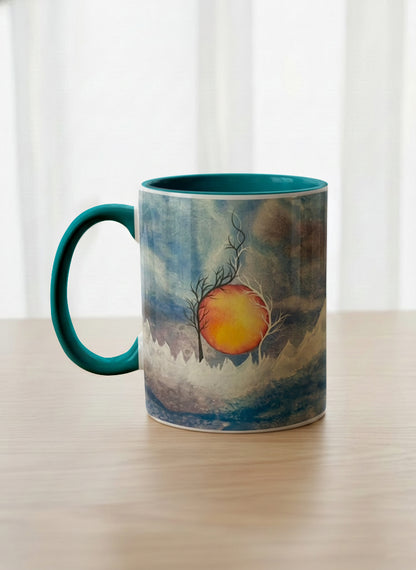 Classic Mug | Sun Rise left view mug with a colorful sun rise over a misty landscape and abstract trees by Renee Pupetz - Gallery By Inhesion