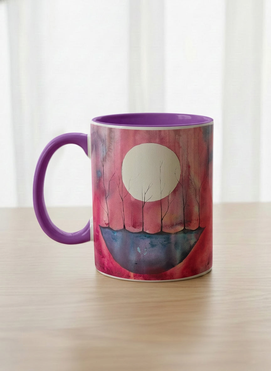 Classic mug | Sail the Moon left view mug with watercolor night scene, boat silhouette, trees and full moon, purple handle and interior by Renee Pupetz - Gallery By Inhesion