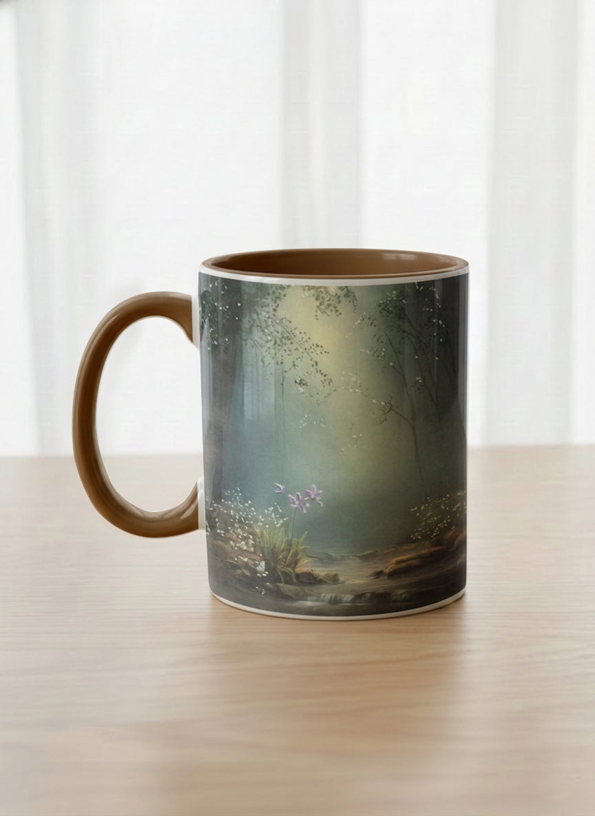 Classic mug | Serenity Stream left view mug, an enchanted forest with glowing light filtering through misty teal trees and wildflowers by a stream, warm olive interior and handle, by Karina Mosser - Gallery By Inhesion