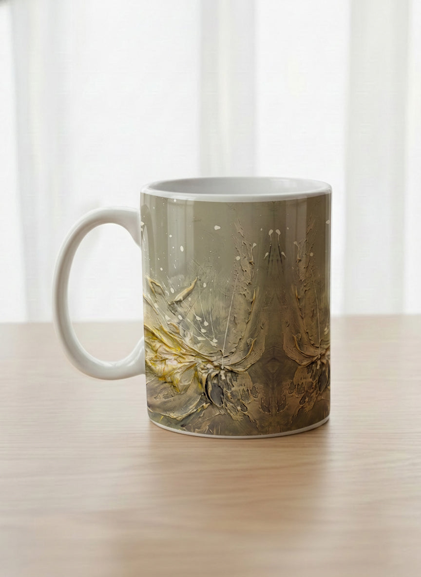 Classic Mug | Awakening left view mug showing textured floral design in muted grey-gold tones by Mersedes Mein - Gallery By Inhesion
