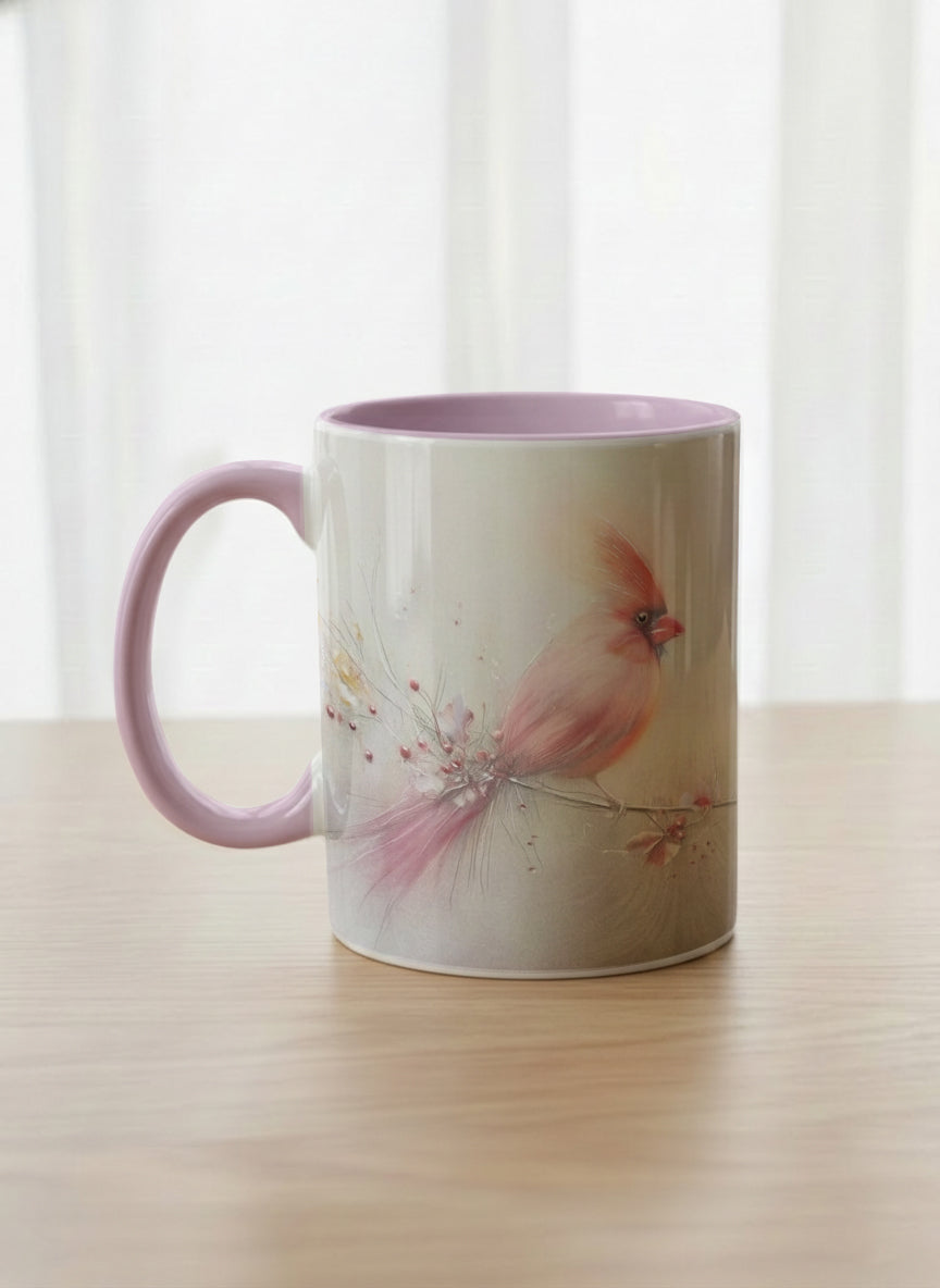 Classic mug | lossom Visitor left view mug, a delicate pink cardinal perched on a wispy blossom branch against a soft ivory mist, blush pink interior and handle, by Karina Mosser - Gallery By Inhesion