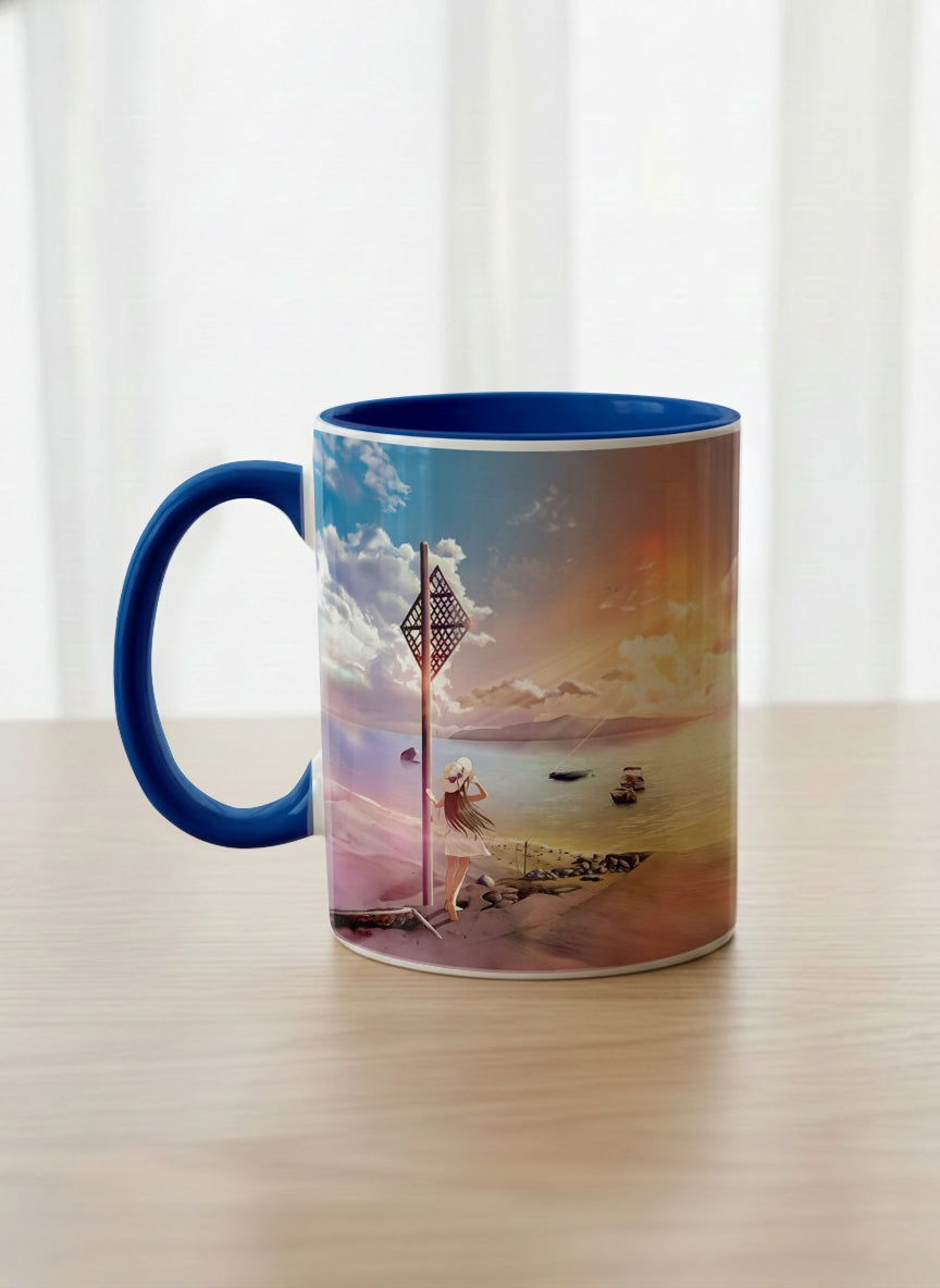 Classic Mug | The Shore of Summer Longing left view mug showing a scenic beach illustration with a girl and a sunset by Samuel Kwok - Gallery By Inhesion