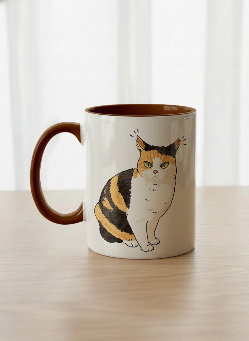 classic Mug | Spicy Calico left view mug grumpy calico cat with piercing green eyes and ruffled fur, dark chocolate interior, by Hyun Jung Cho