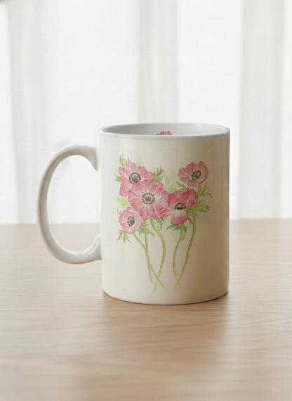 Classic Mug | Dancing in Spring left view mug showing delicate pink flowers by Alice Wong - Gallery By Inhesion